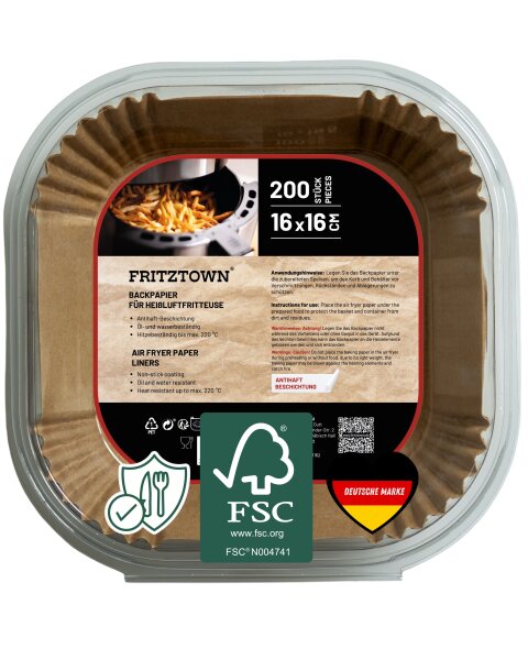 FRITZTOWN Air Fryer Paper – 200 Stück, 16x16 cm Quadratisch